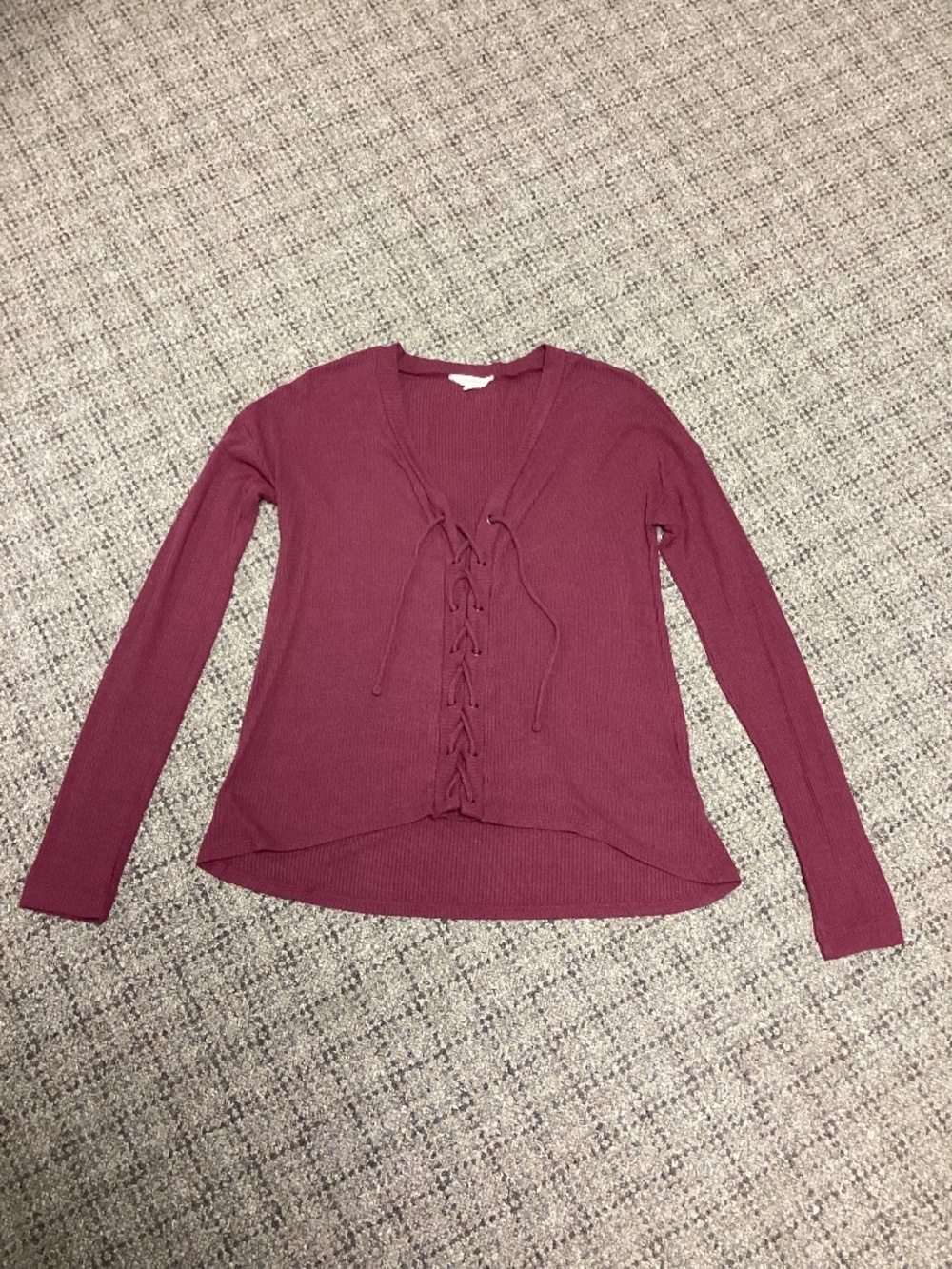 Aeropostale Burgundy Mauve Ribbed Lace-Up V-Neck Long Sleeve Top Size XS
